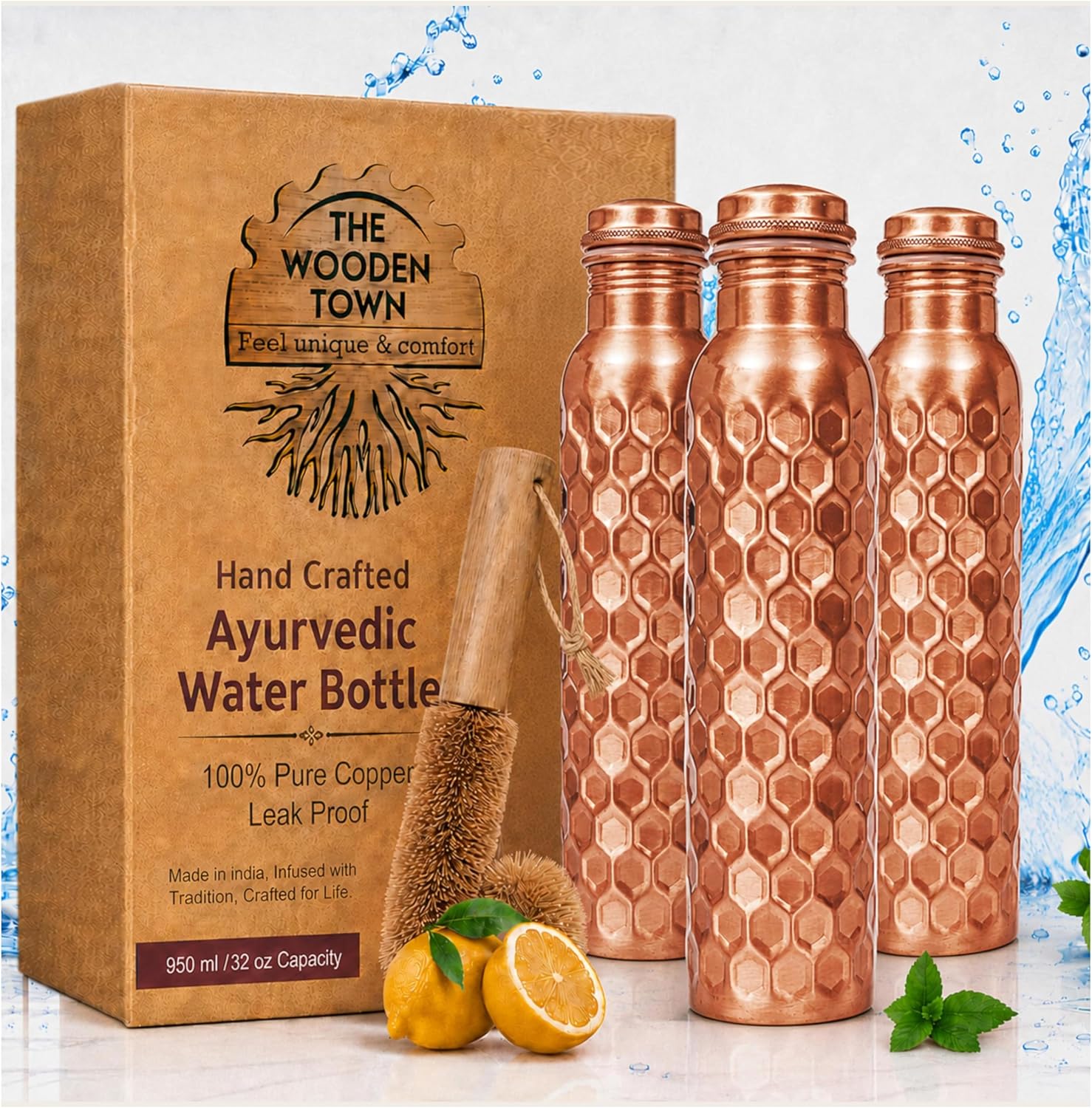 Ayurvedic & Herbal Wellness Kits - ชุดขวดน้ำทองแดงขนาด 32 ออนซ์ จำนวน 3 ชิ้น,